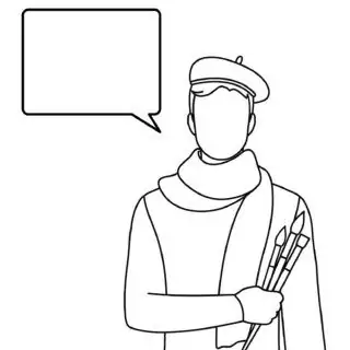 Outline of artist holding paintbrushes with speech bubble.