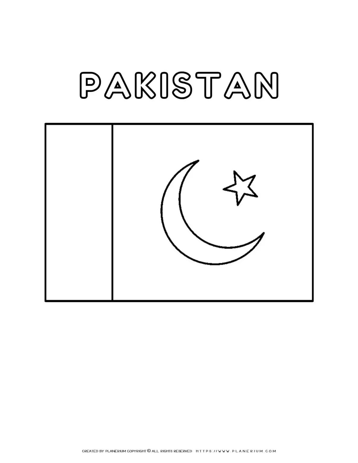 Pakistan flag coloring page for kids to learn about national symbols. Printable design with green and white colors. Educational activity for children.