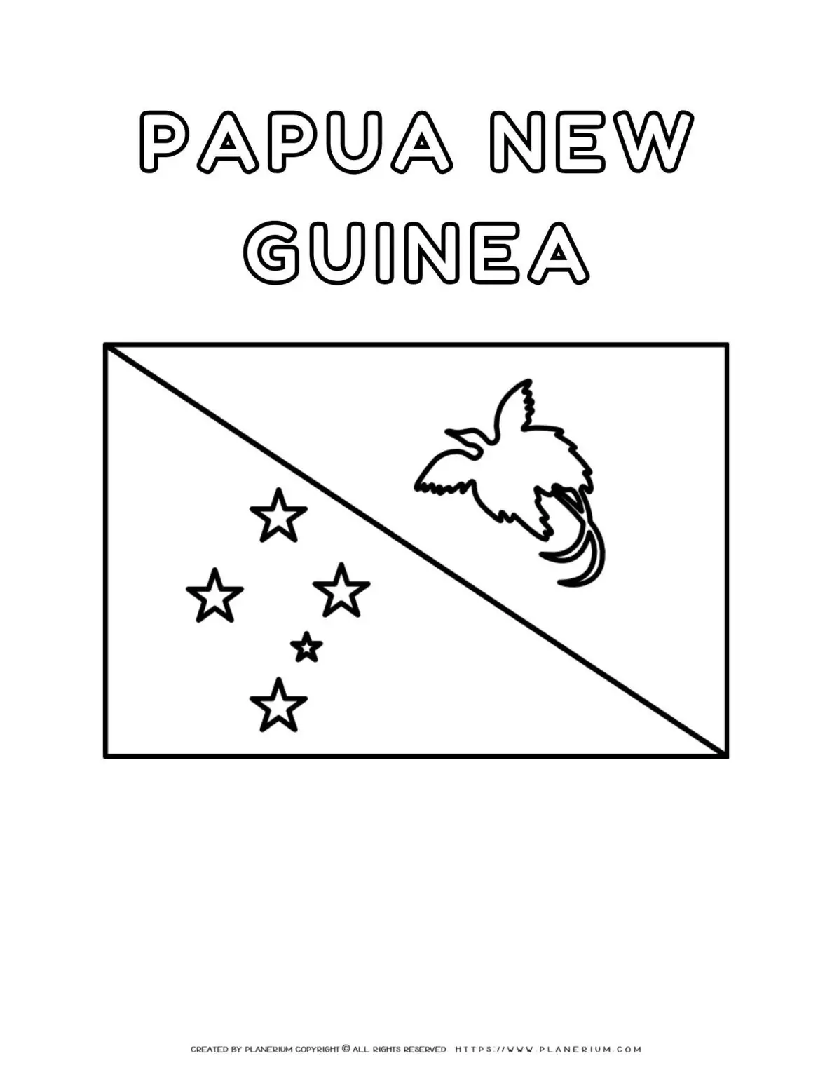 Coloring page of Papua New Guinea flag with bold red, black, and yellow colors. Ideal for teaching geography and national pride.