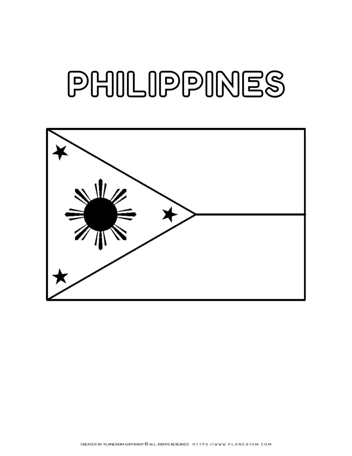 Philippines flag coloring page for kids to learn about national symbols and colors. Perfect for educational activities and patriotic celebrations.