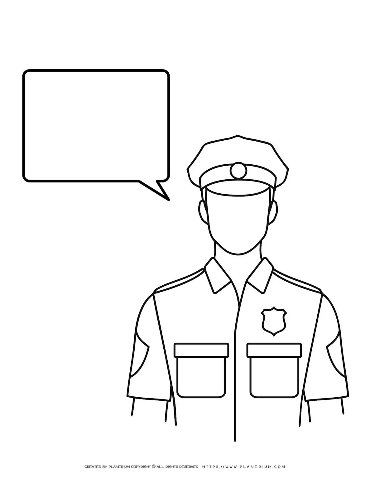 Outline of police officer with speech bubble.