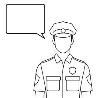 Outline of police officer with speech bubble.