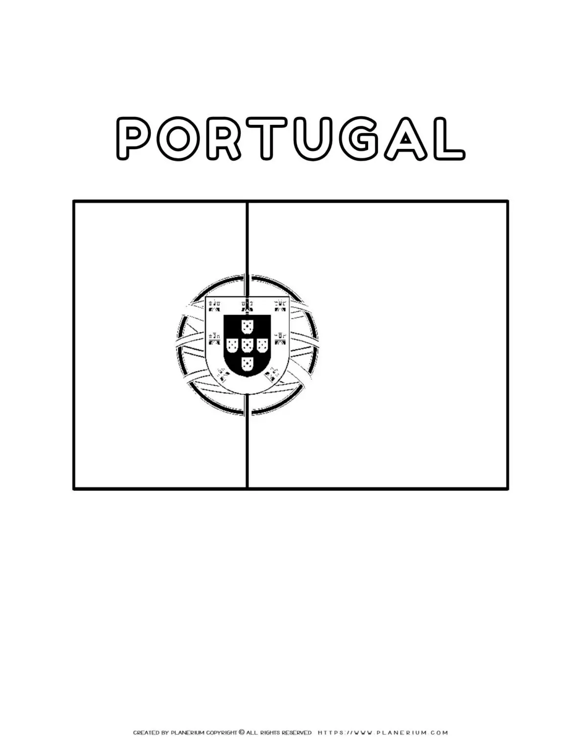 Portugal flag coloring page for kids to learn about national symbols and colors. Perfect for educational activities and cultural lessons.