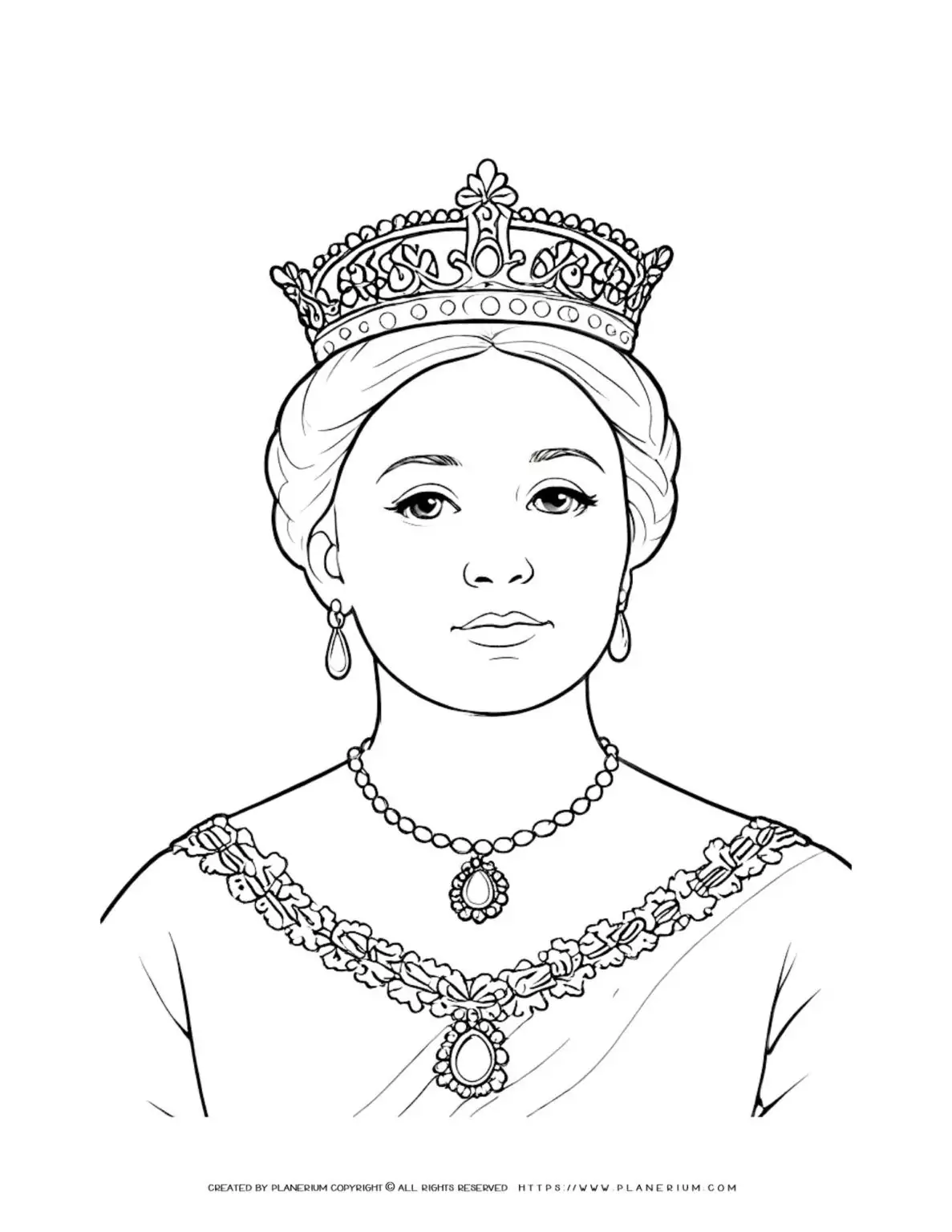 Coloring page of a woman wearing a crown.