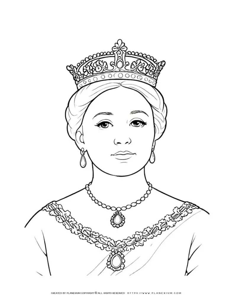 Coloring page of a woman wearing a crown.