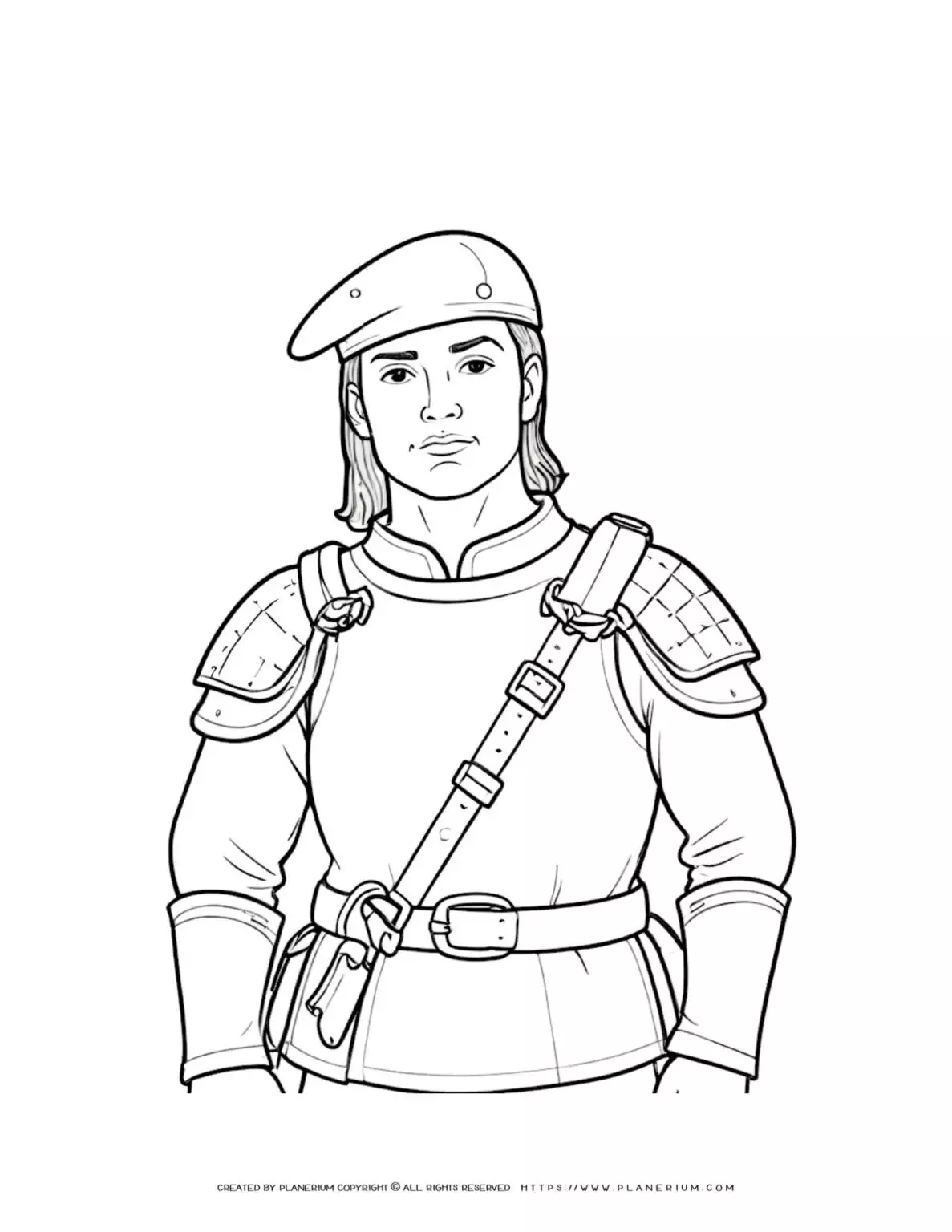 Renaissance soldier wearing a beret coloring page of a famous historical figure. Ideal for history enthusiasts and educational purposes.