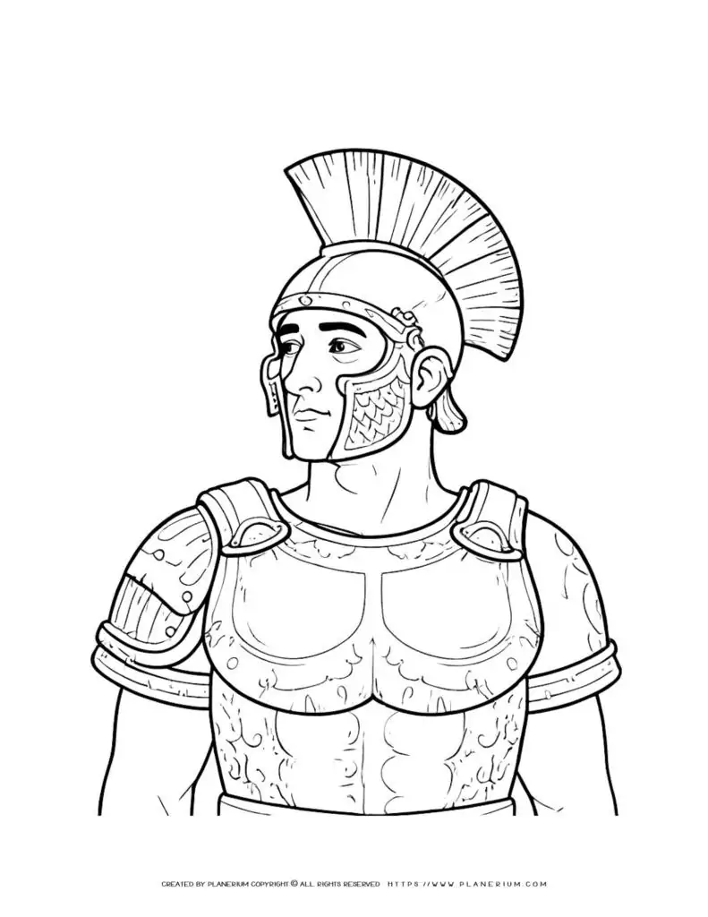 Roman Centurion Portrait: Coloring Page of an Ancient Soldier for Kids. Perfect for history lessons and educational activities.