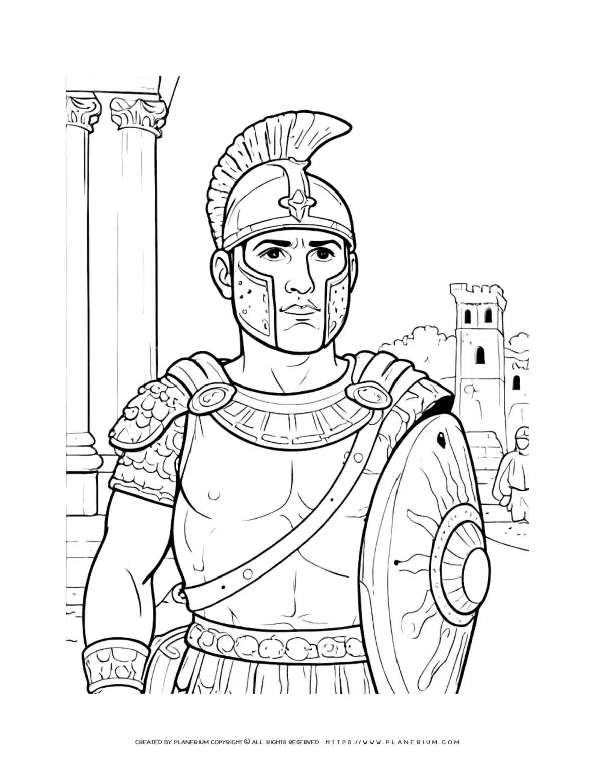 Ancient Roman commander coloring sheet depicting a fierce warrior in the city. Perfect for history enthusiasts and kids learning about ancient civilizations.