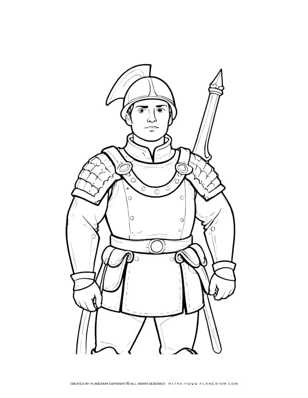 Roman Legionnaire with Spear Guard Coloring Page for kids - Printable Ancient Rome Soldier Activity Sheet - Fun and Educational History Worksheet