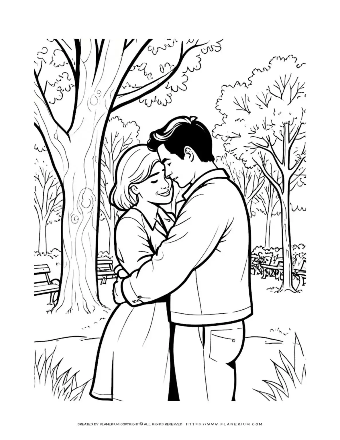 Couple hugging in a park.