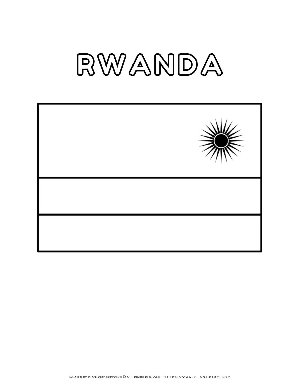Rwanda flag coloring page for kids to learn about African countries. Perfect for educational activities and cultural studies.