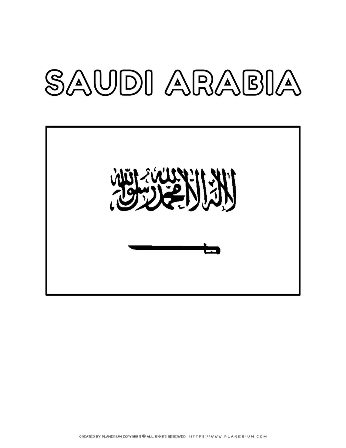 Saudi Arabia flag coloring page for kids to learn about national symbols and colors. Perfect for educational activities and cultural awareness.