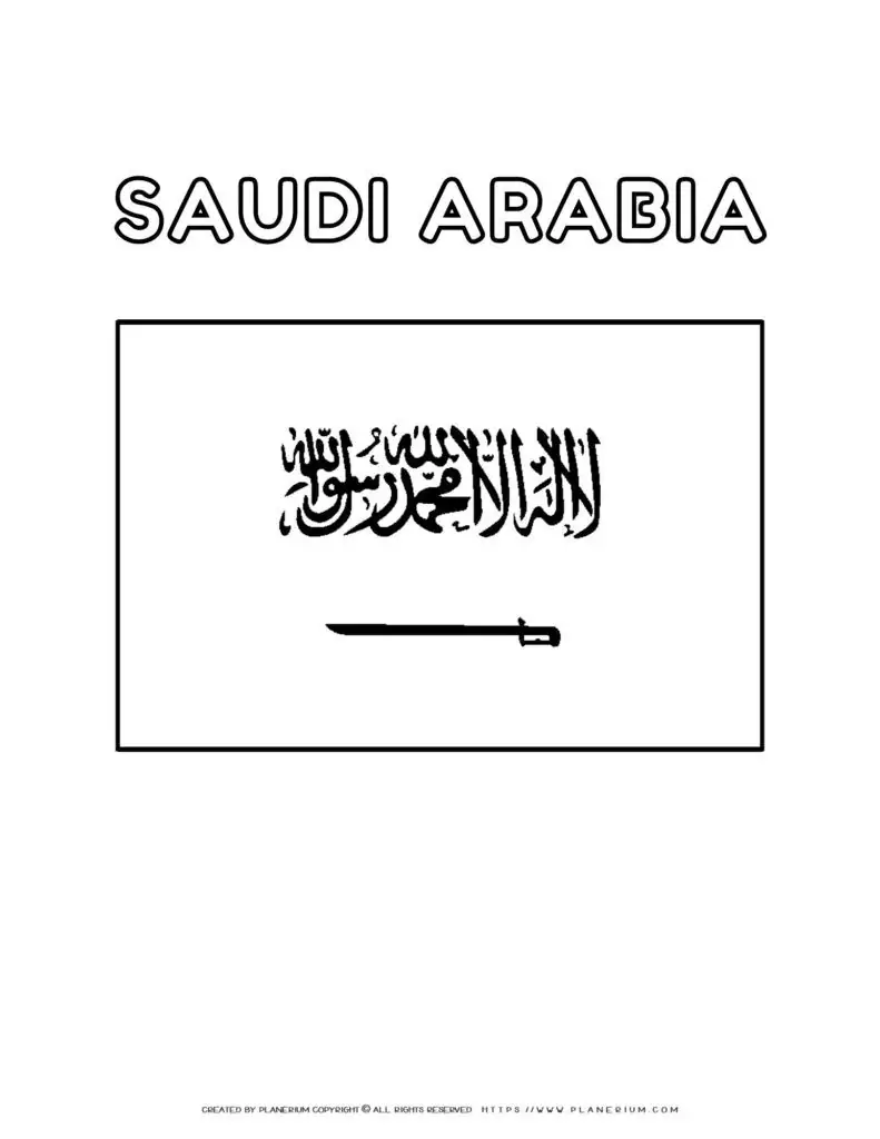 Saudi Arabia flag coloring page for kids to learn about
  national symbols and colors. Perfect for educational activities and cultural
  awareness.