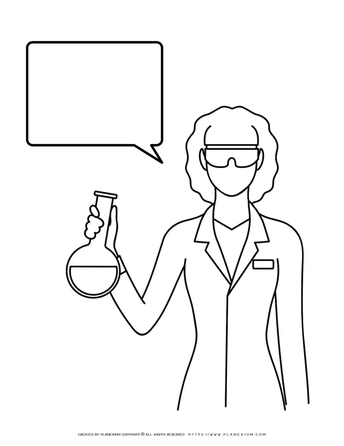 Scientist holding flask, with speech bubble