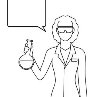 Scientist holding flask, with speech bubble