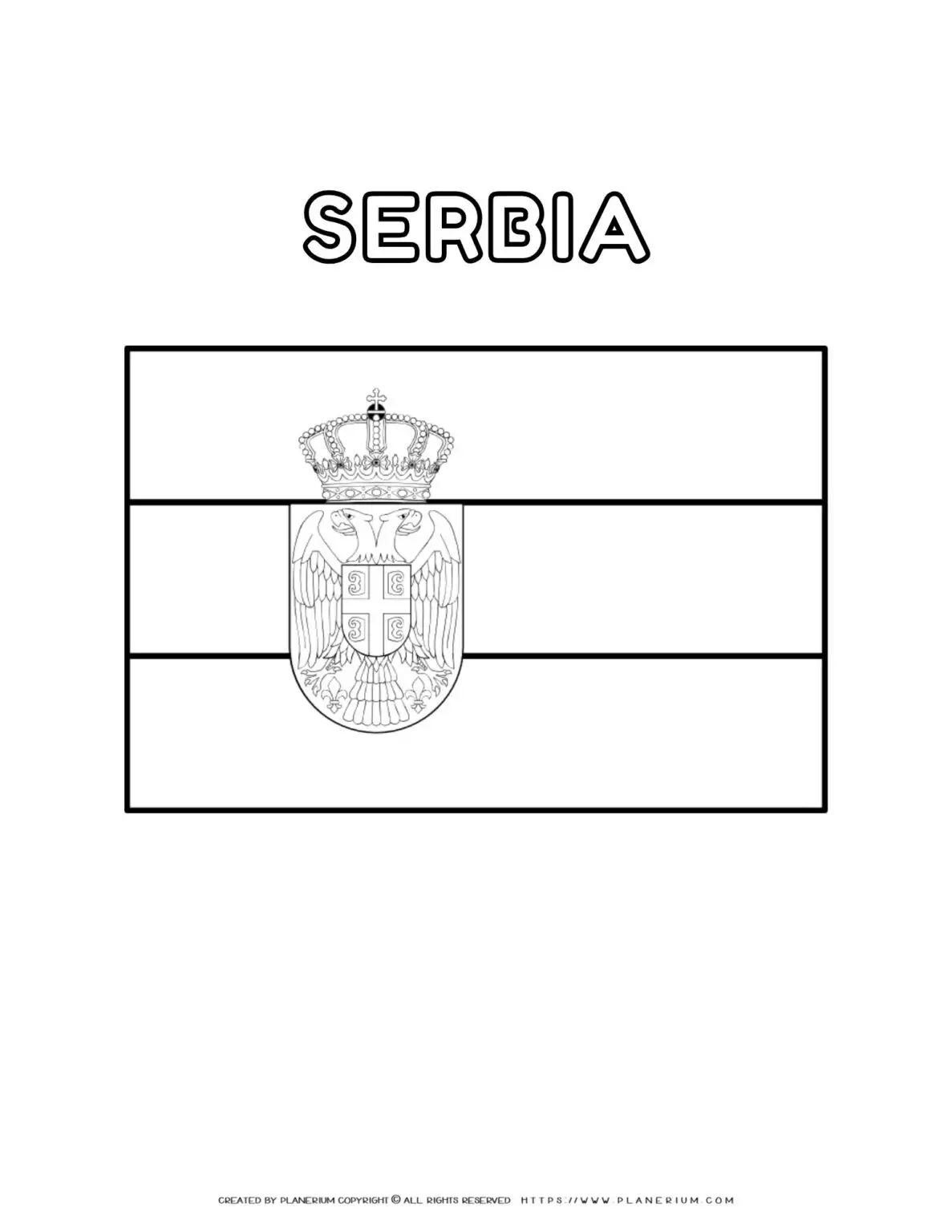 Serbia flag coloring page for kids to learn about national symbols and colors. Perfect for educational activities and patriotic crafts.