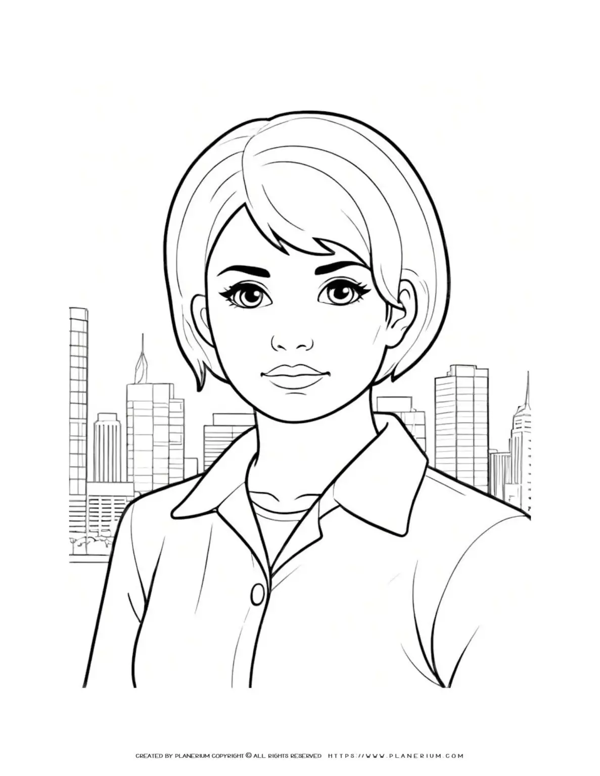 Coloring page of a short-haired woman against a cityscape backdrop. Ideal for relaxation and creativity. Perfect for all ages.