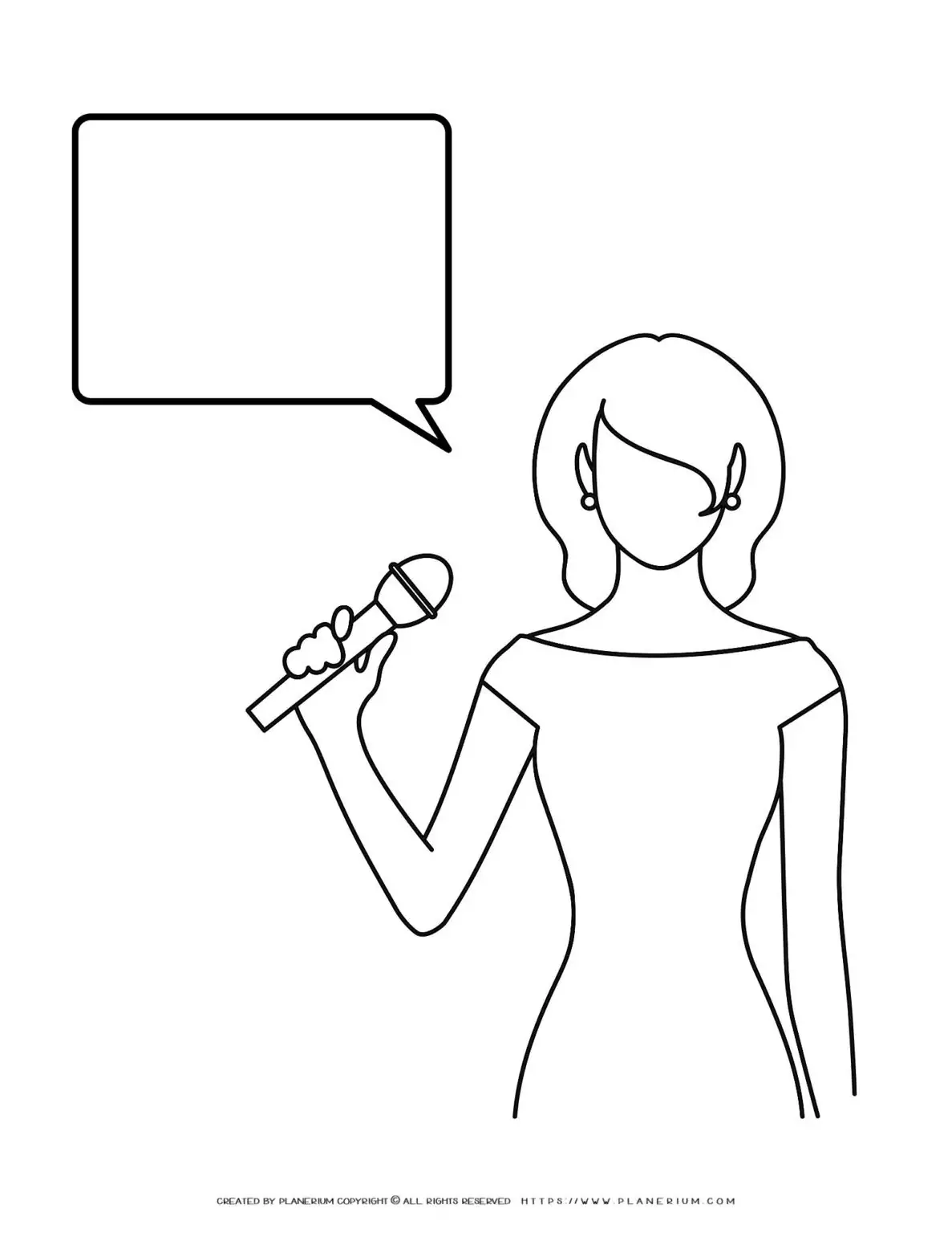 Woman holding microphone with speech bubble.