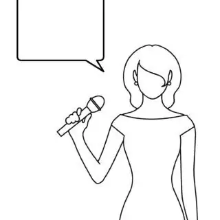 Woman holding microphone with speech bubble.