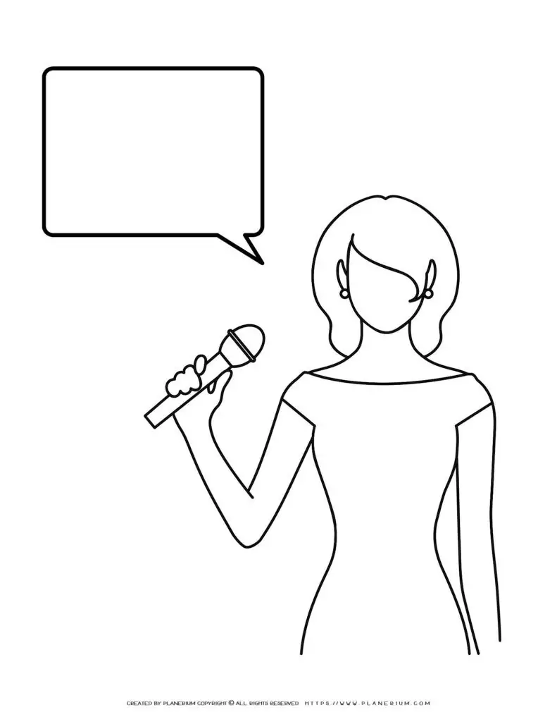 Woman holding microphone with speech bubble.