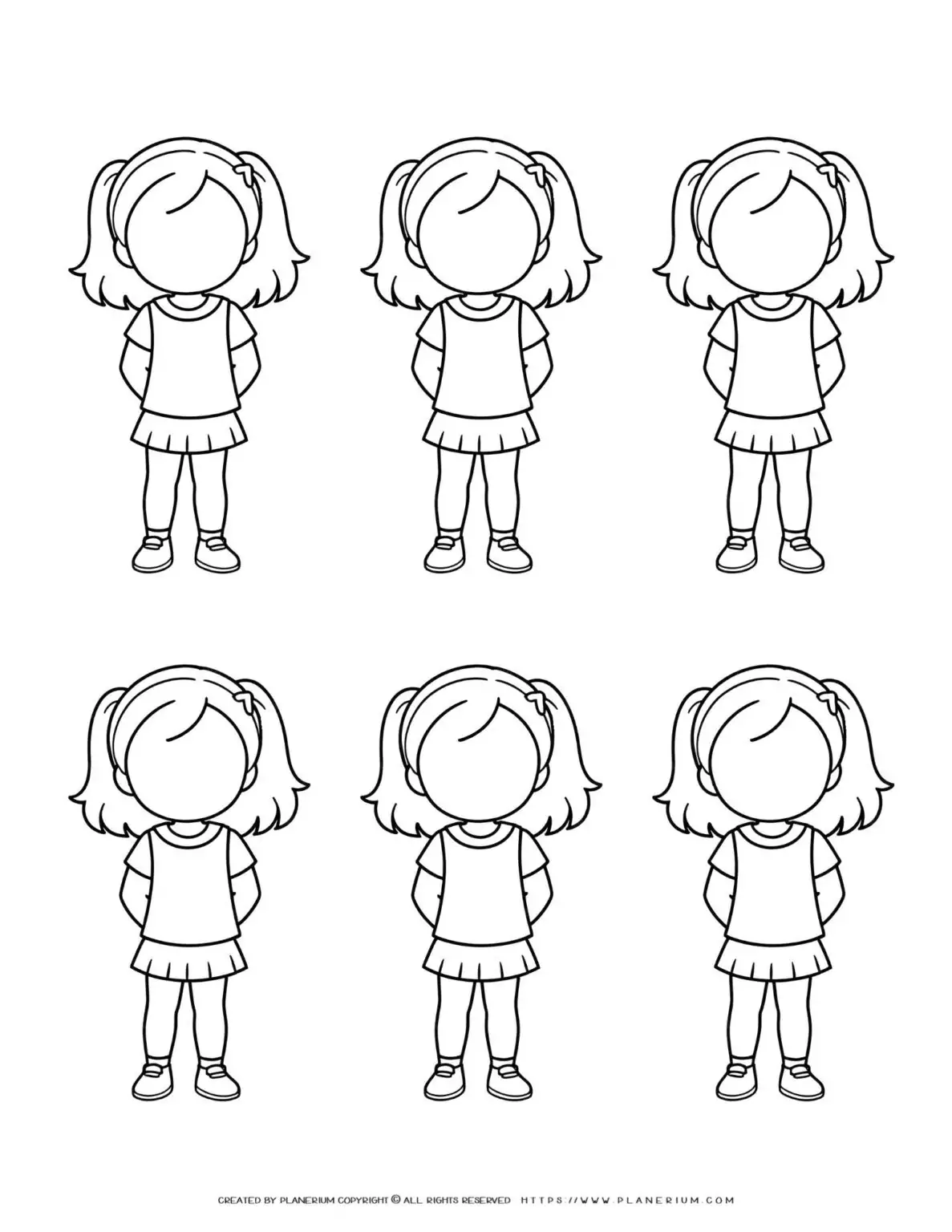 Six blank girl character templates for coloring.