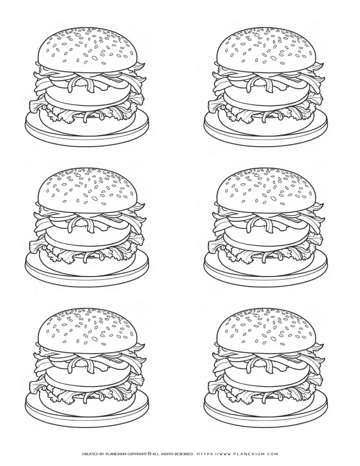 Burger coloring page with lettuce and tomatoes.