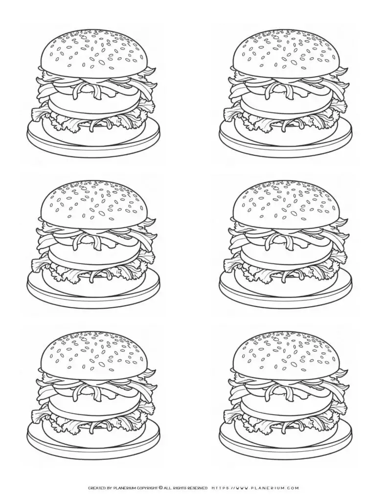 Burger coloring page with lettuce and tomatoes.