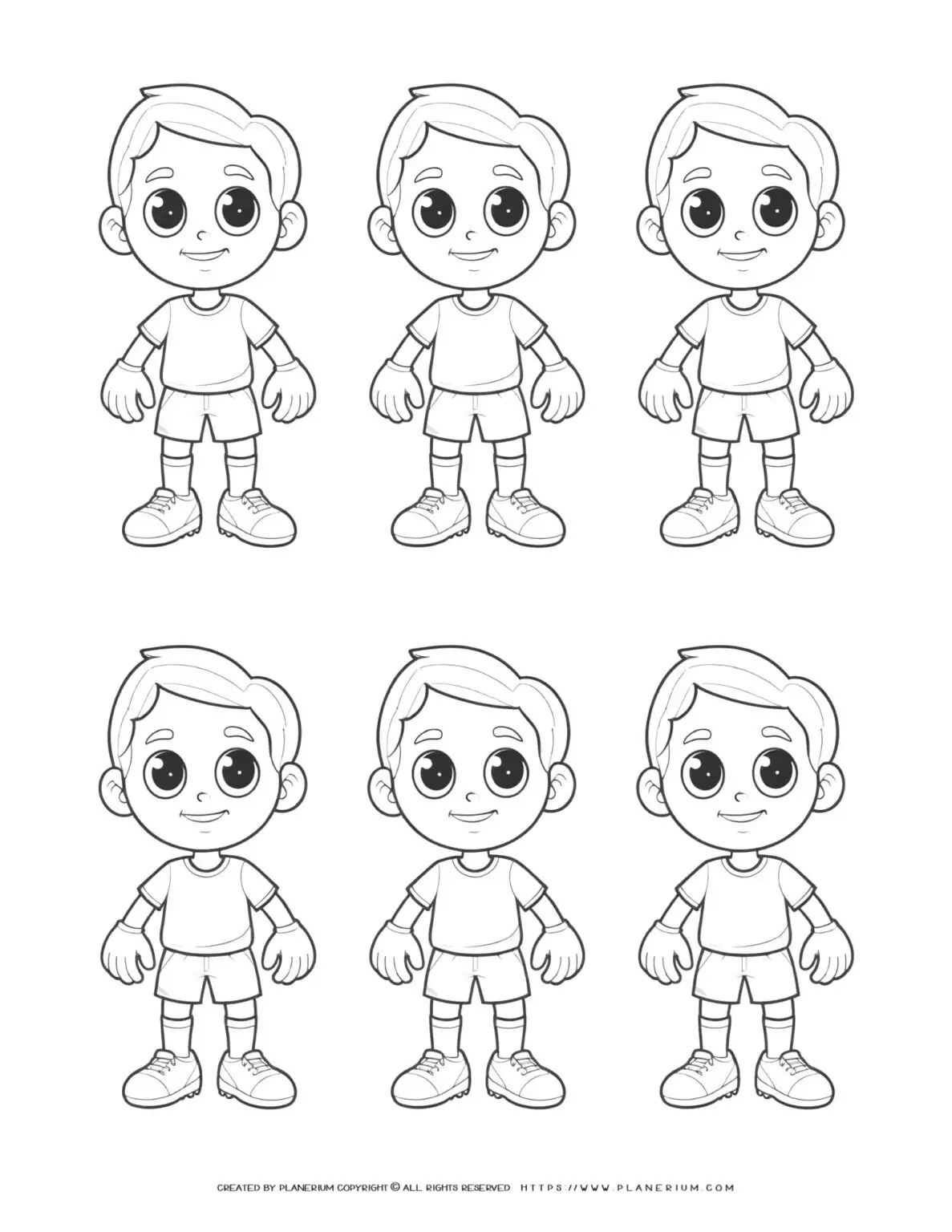 Six unique comic soccer boys players with distinct outlines