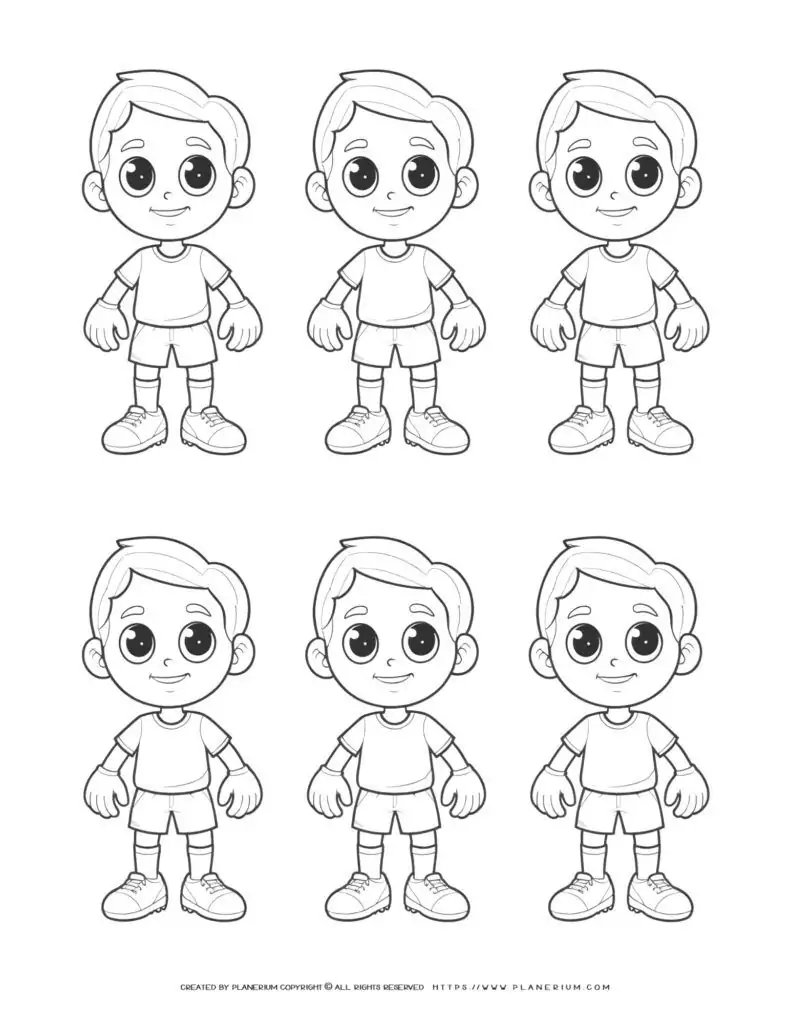 Six unique comic soccer boys players with distinct outlines