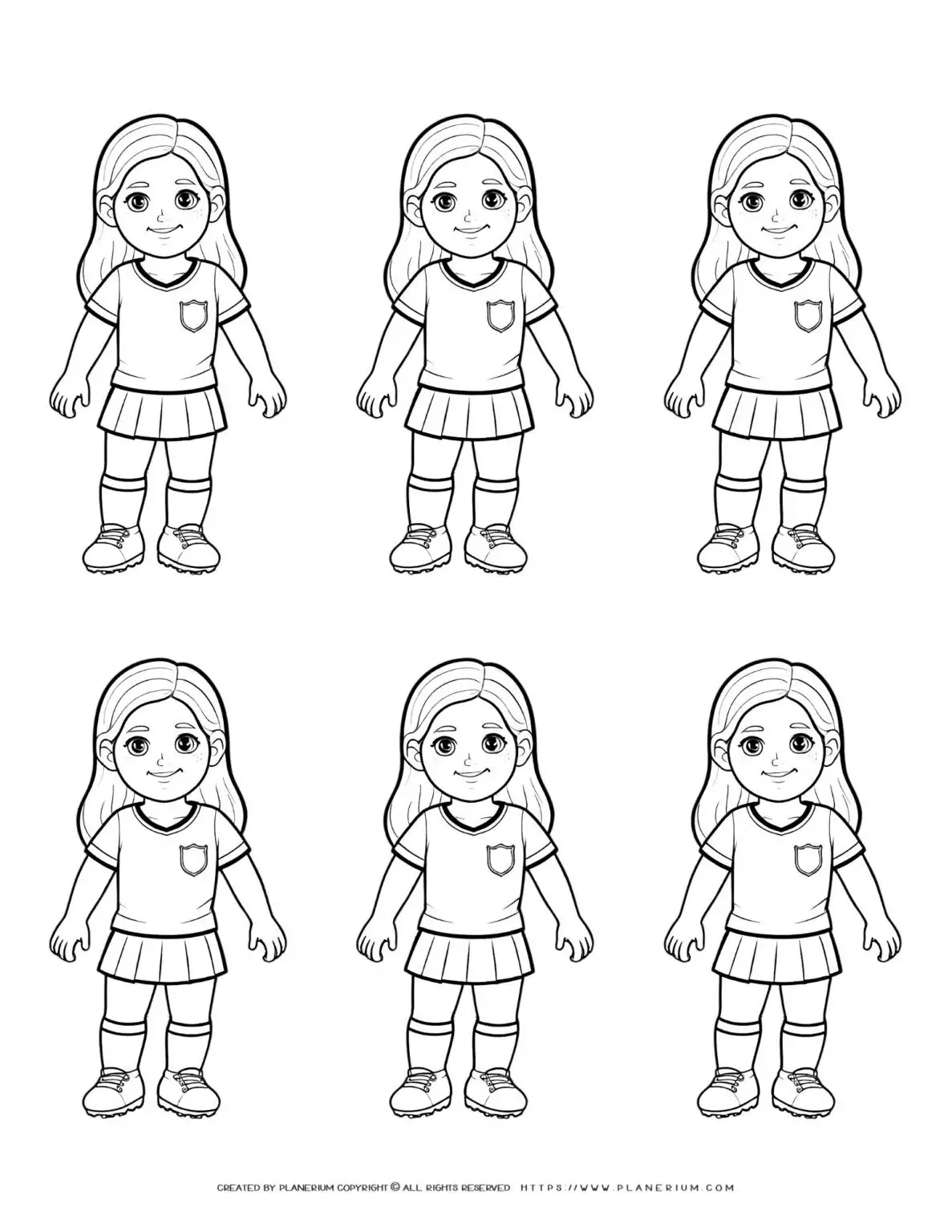 Six unique comic soccer girl players with distinct outlines standing out