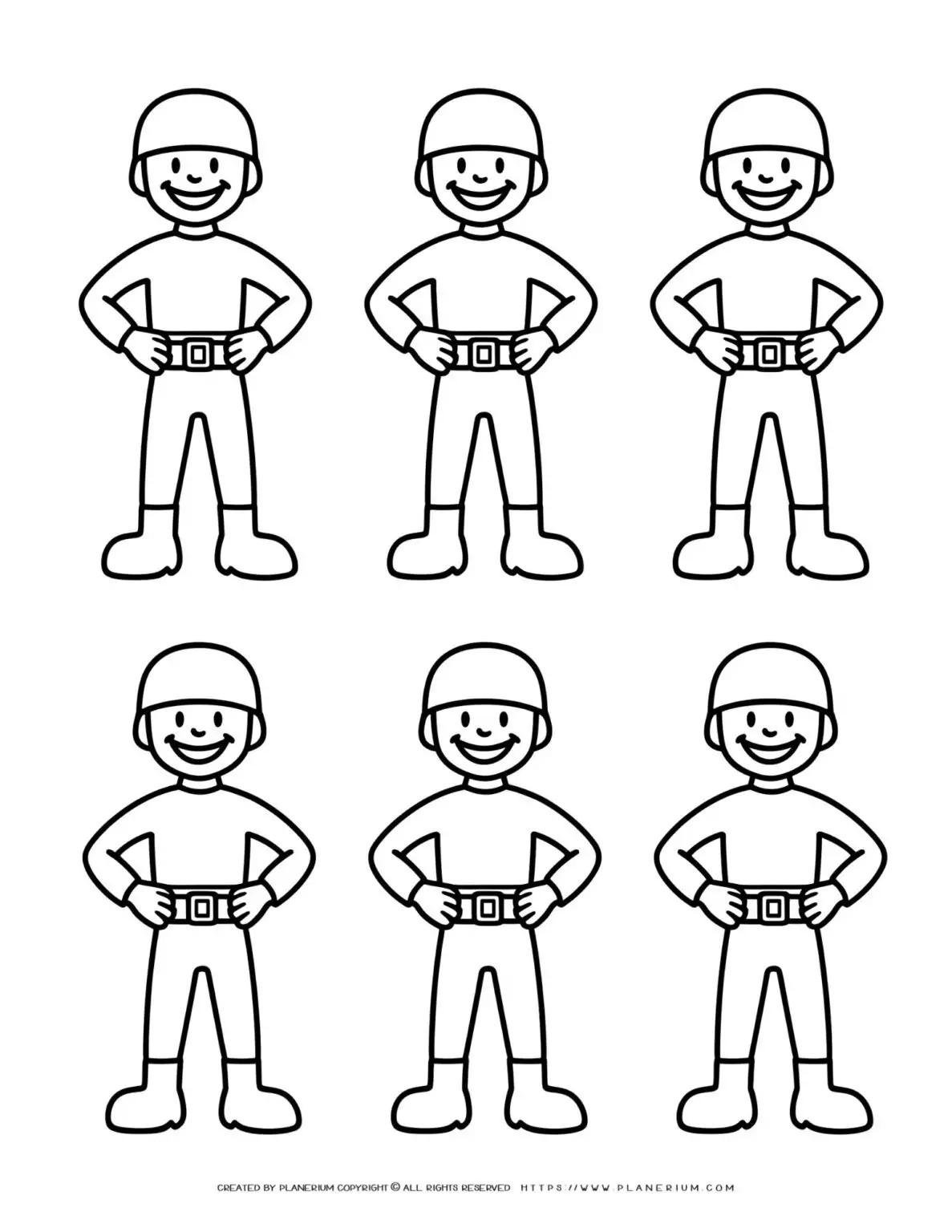 Six identical happy soldiers in helmets standing in formation. Military personnel in uniform ready for duty.