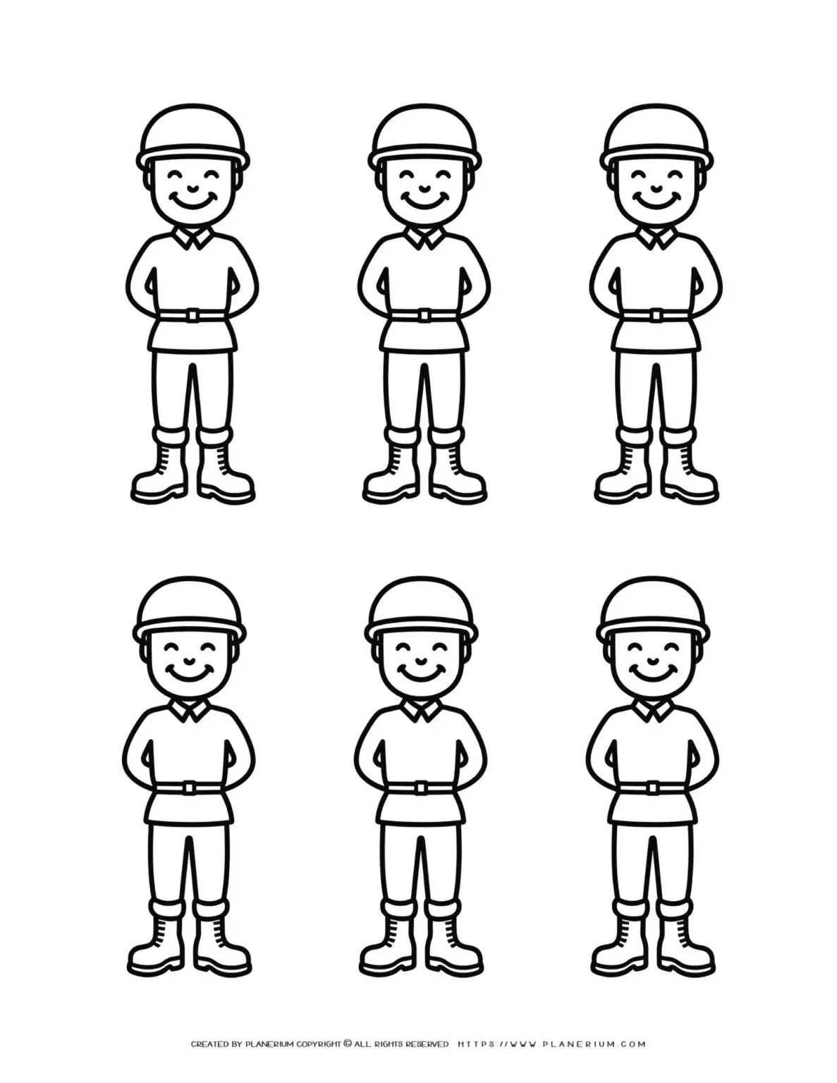 Six identical soldiers with helmet outlines standing in formation. Military personnel in uniform ready for duty.