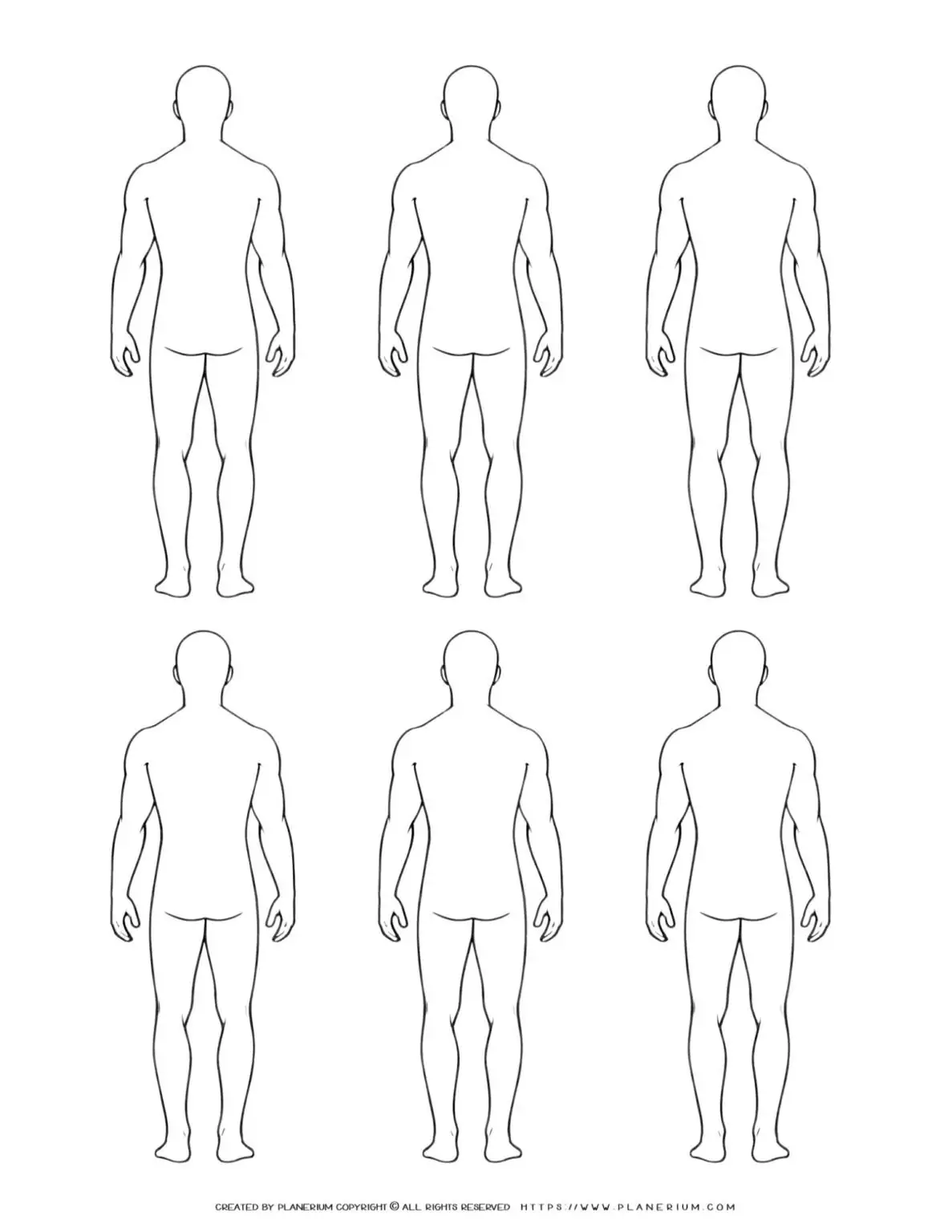 Six male body outline templates.