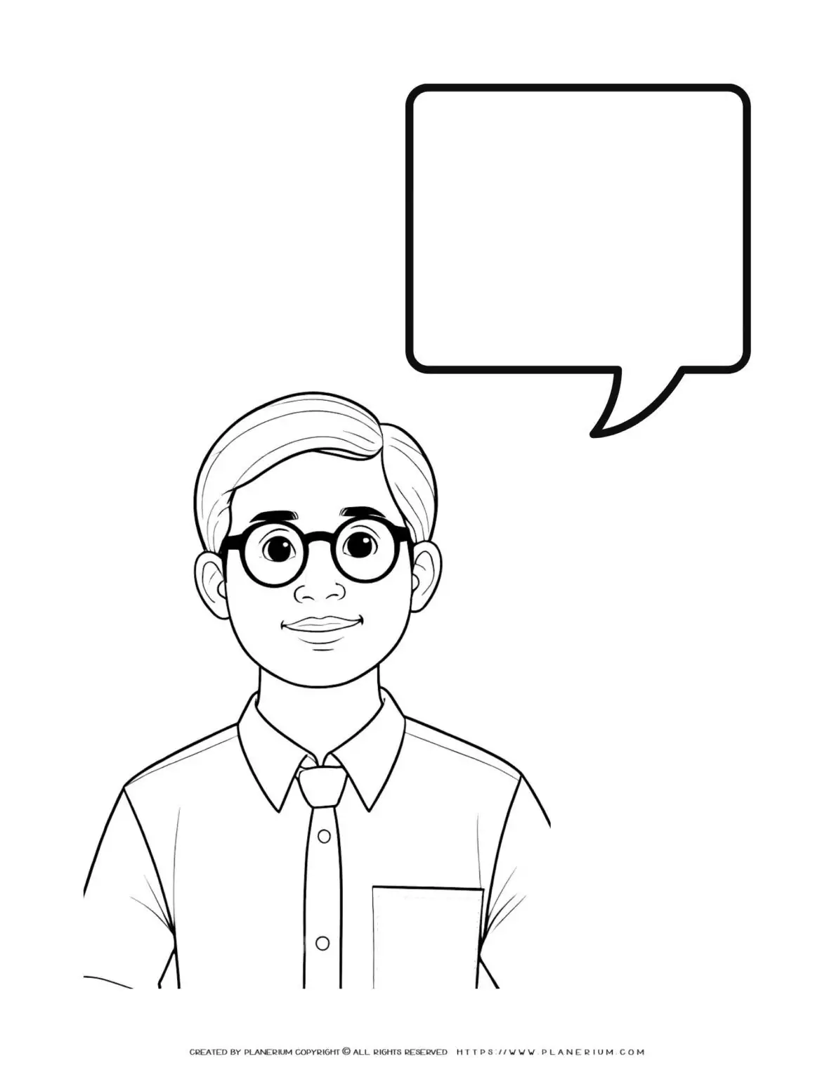 Male with glasses smiling, torso outline and speech bubble coloring page for kids. Fun and educational activity for children.