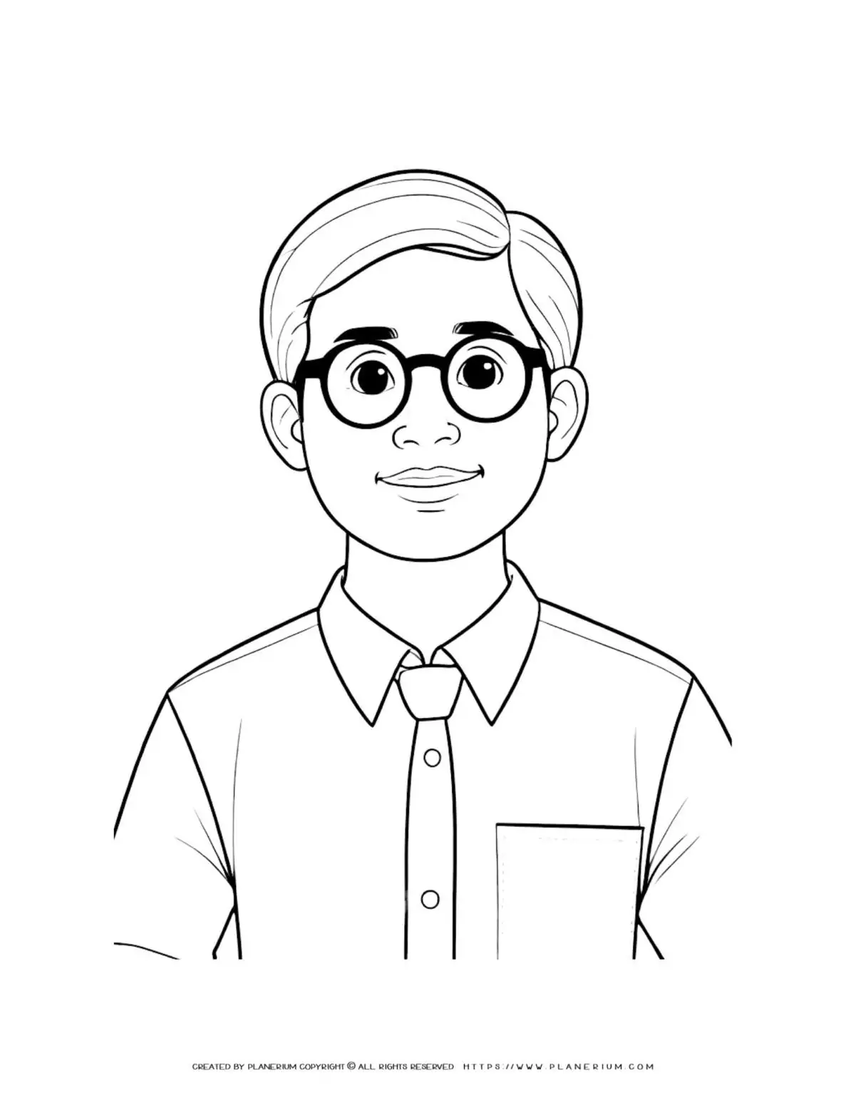 Outline coloring page of a smiling male with glasses. Perfect for art therapy and relaxation. Ideal for all ages.