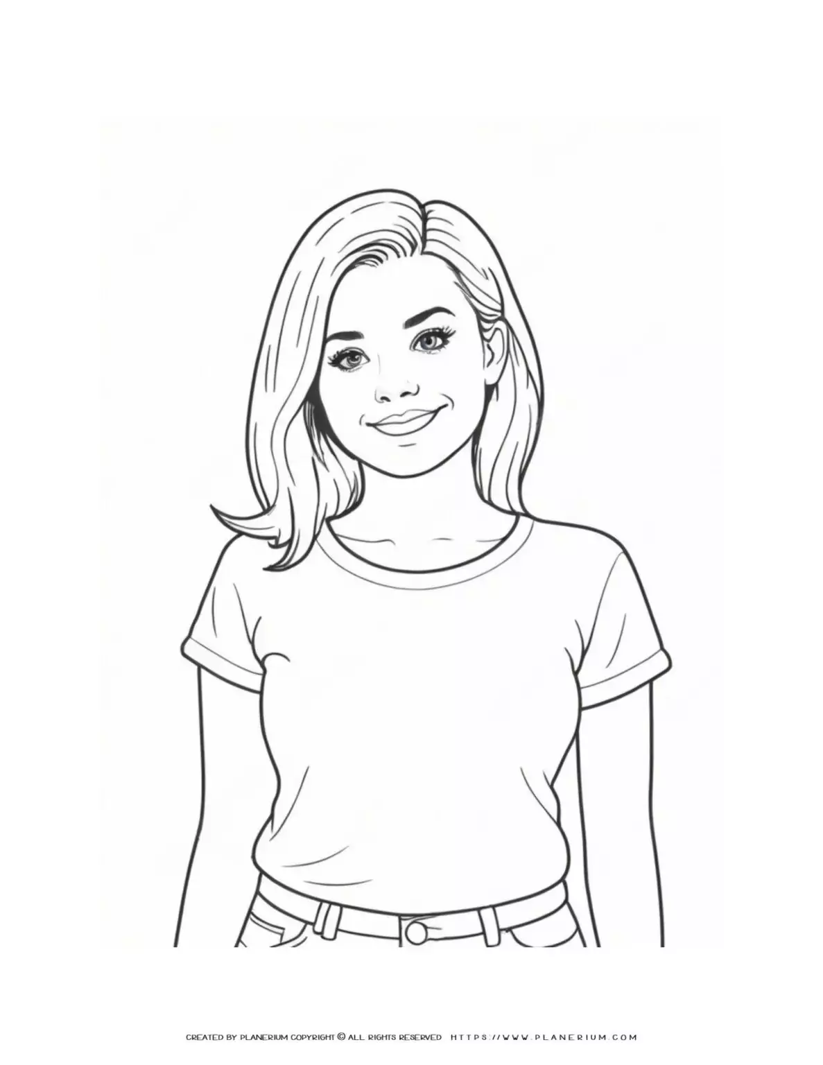 Sketch of a smiling girl in a t-shirt.