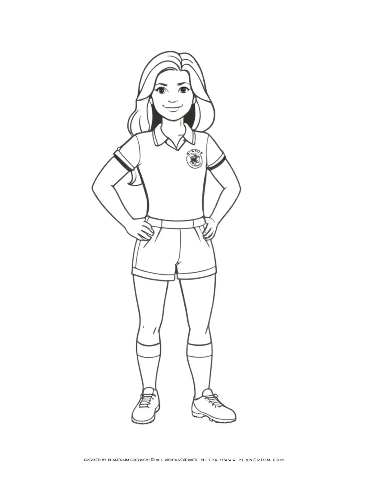 Soccer female player standing illustration for coloring page, perfect for sports enthusiasts and kids.