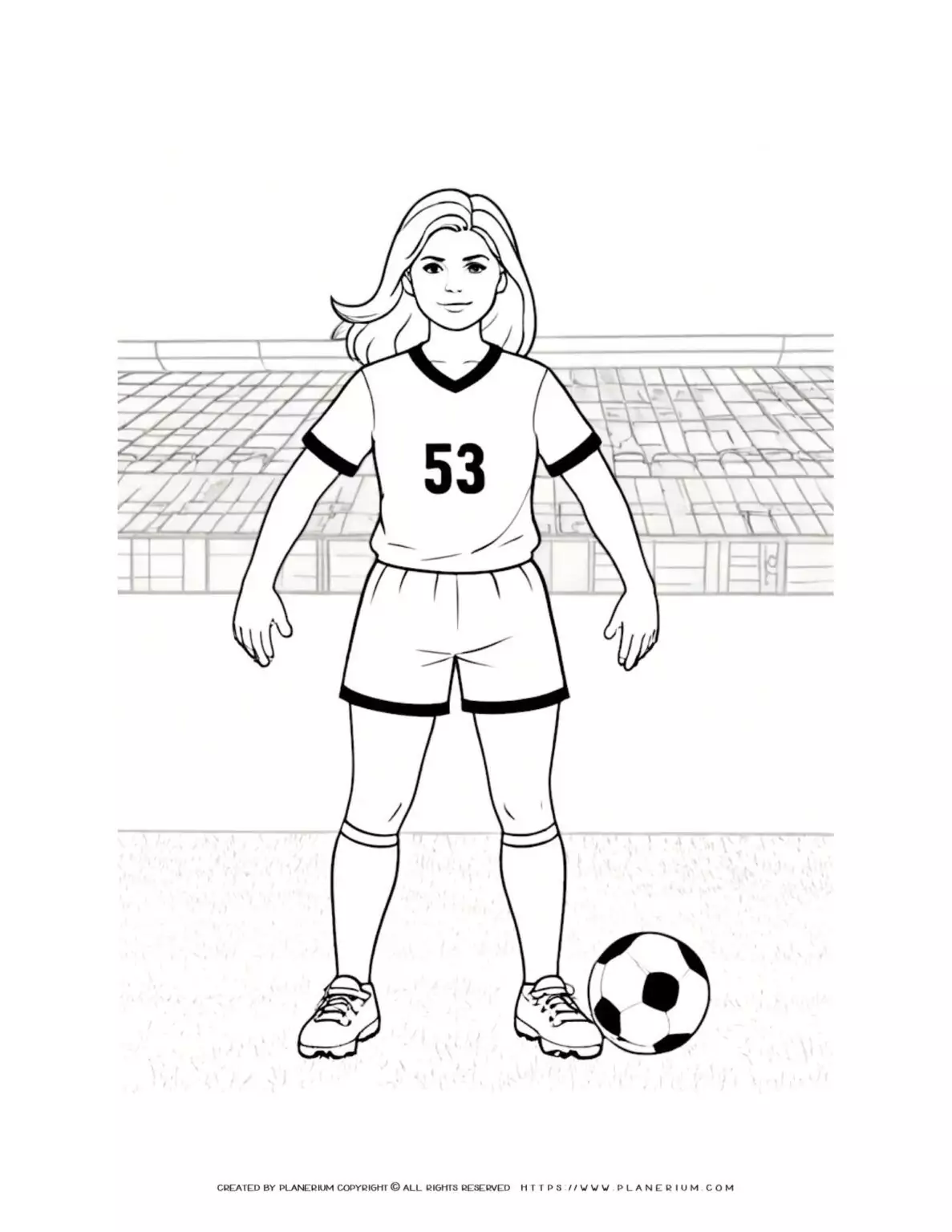 Soccer player standing on field coloring page for women's soccer enthusiasts. Perfect for sports fans and coloring enthusiasts alike.