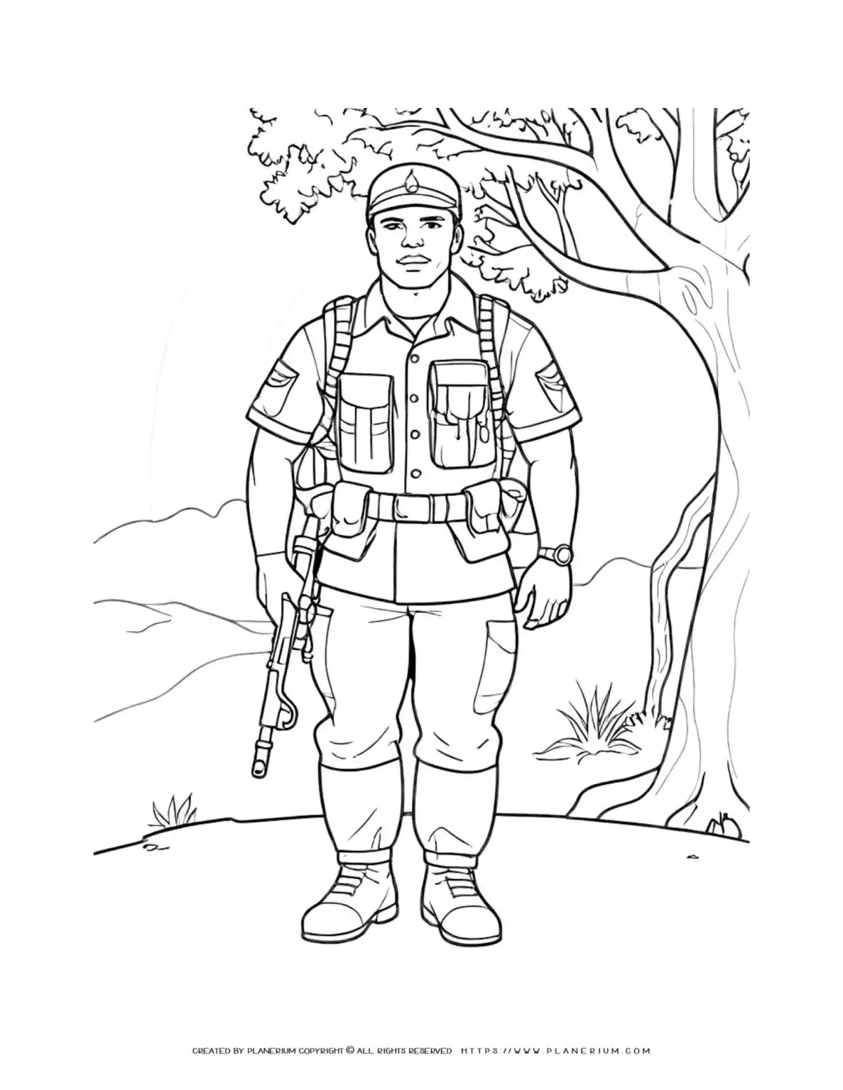 Soldier coloring page with tree and mountain scenery, perfect for kids and adults. Enjoy a detailed full-body illustration.