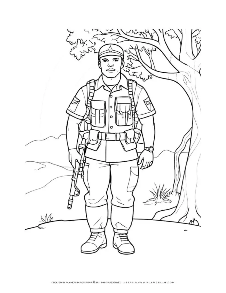 Soldier coloring page with tree and mountain scenery, perfect for kids and adults. Enjoy a detailed full-body illustration.