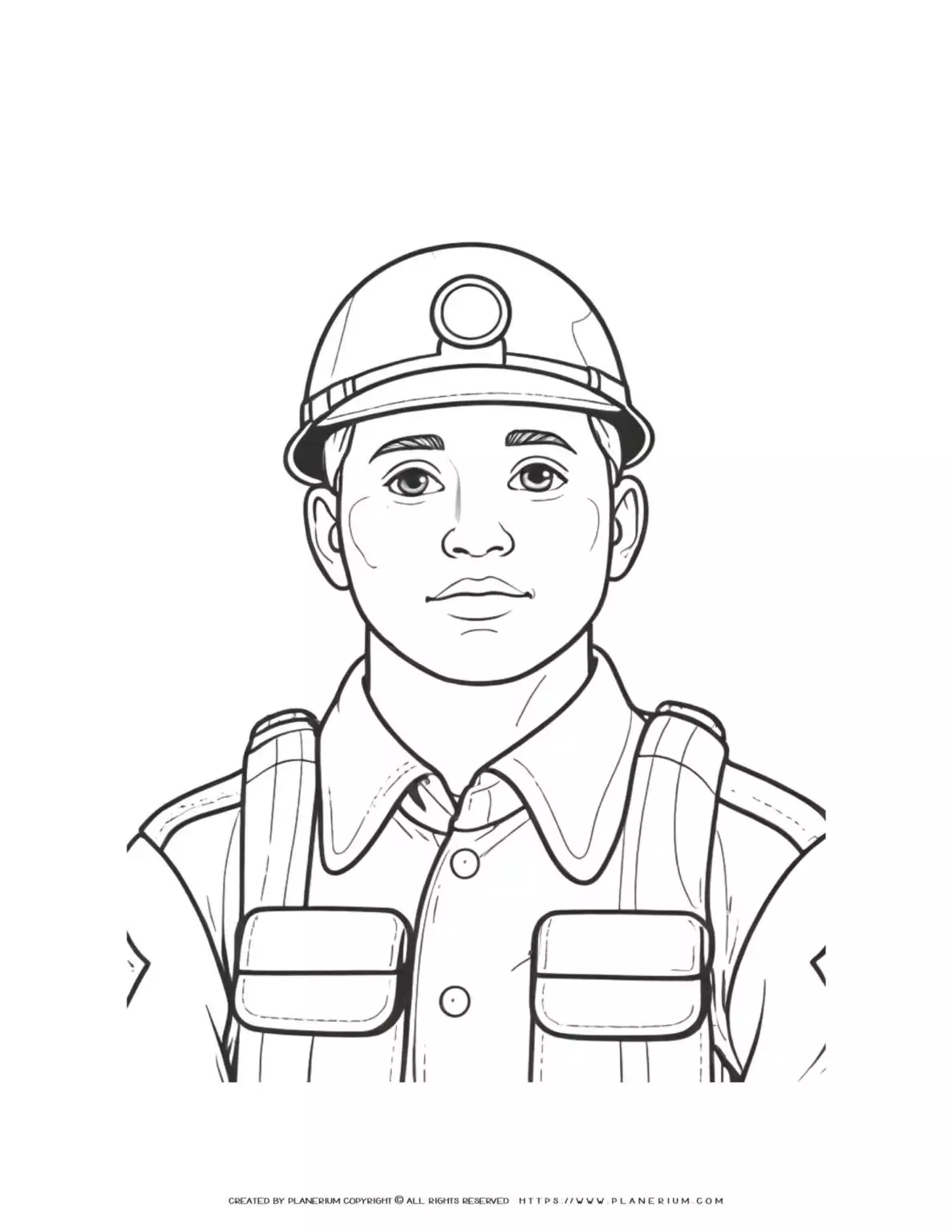 Soldier male portrait coloring page with helmet for kids to color. Perfect for patriotic activities and learning about military service.