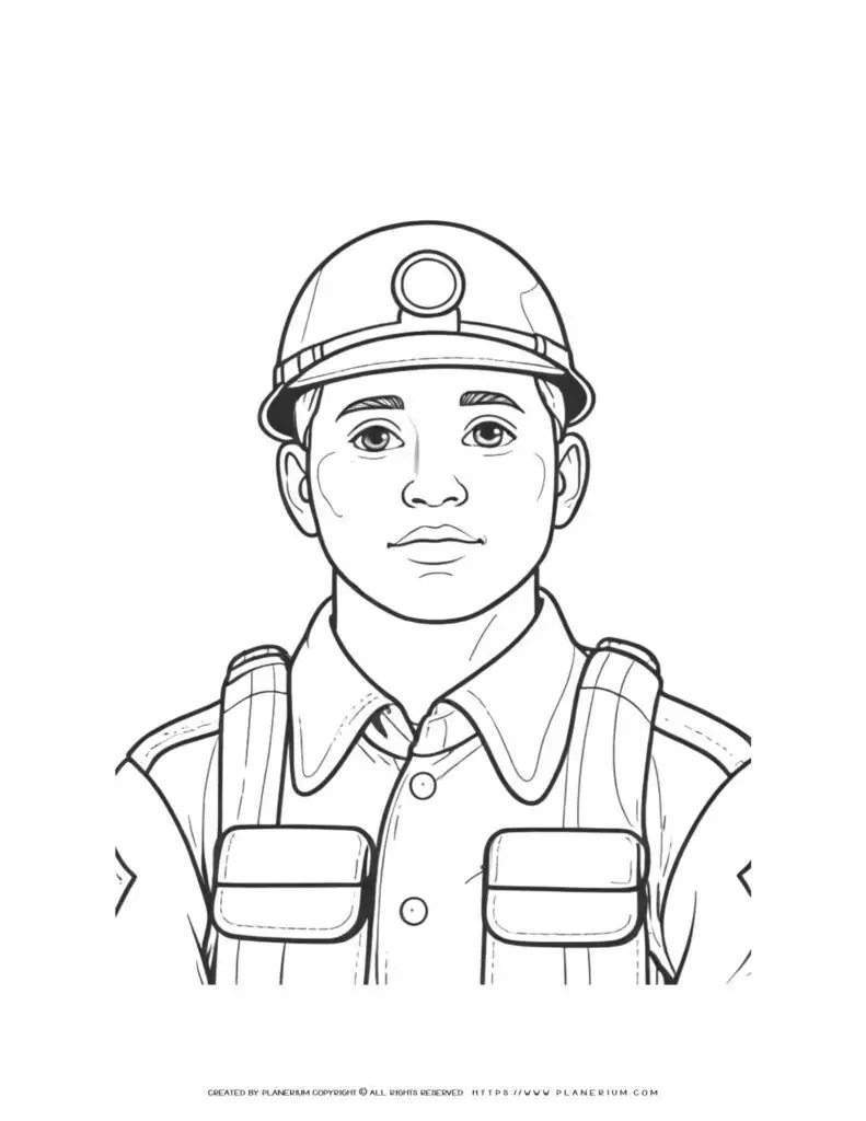 Soldier male portrait coloring page with helmet for kids to color. Perfect for patriotic activities and learning about military service.
