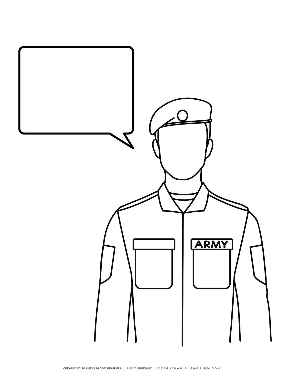 Outline of soldier with speech bubble.