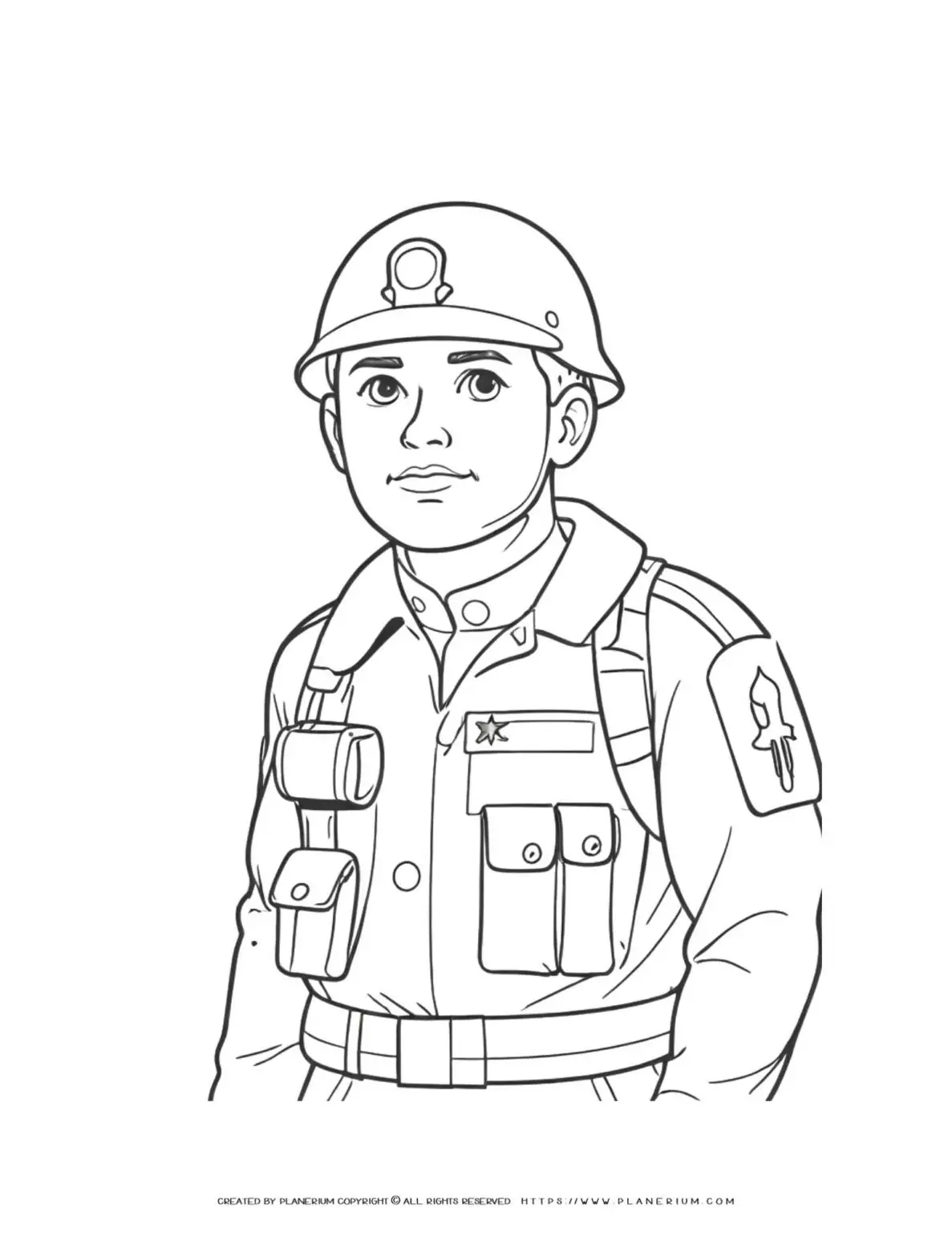 Soldier with Helmet Coloring Page - Detailed illustration of a soldier's upper body in uniform. Perfect for kids and adults to color.