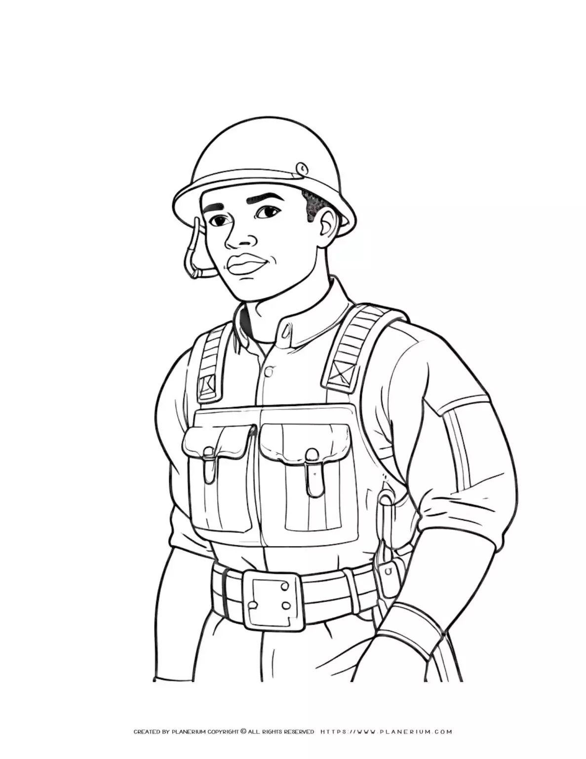 Soldier in uniform and helmet coloring page for kids, military-themed activity sheet, outline drawing of soldier's torso for coloring fun.