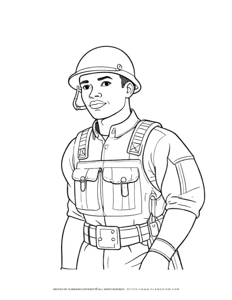 Soldier in uniform and helmet coloring page for kids, military-themed activity sheet, outline drawing of soldier's torso for coloring fun.
