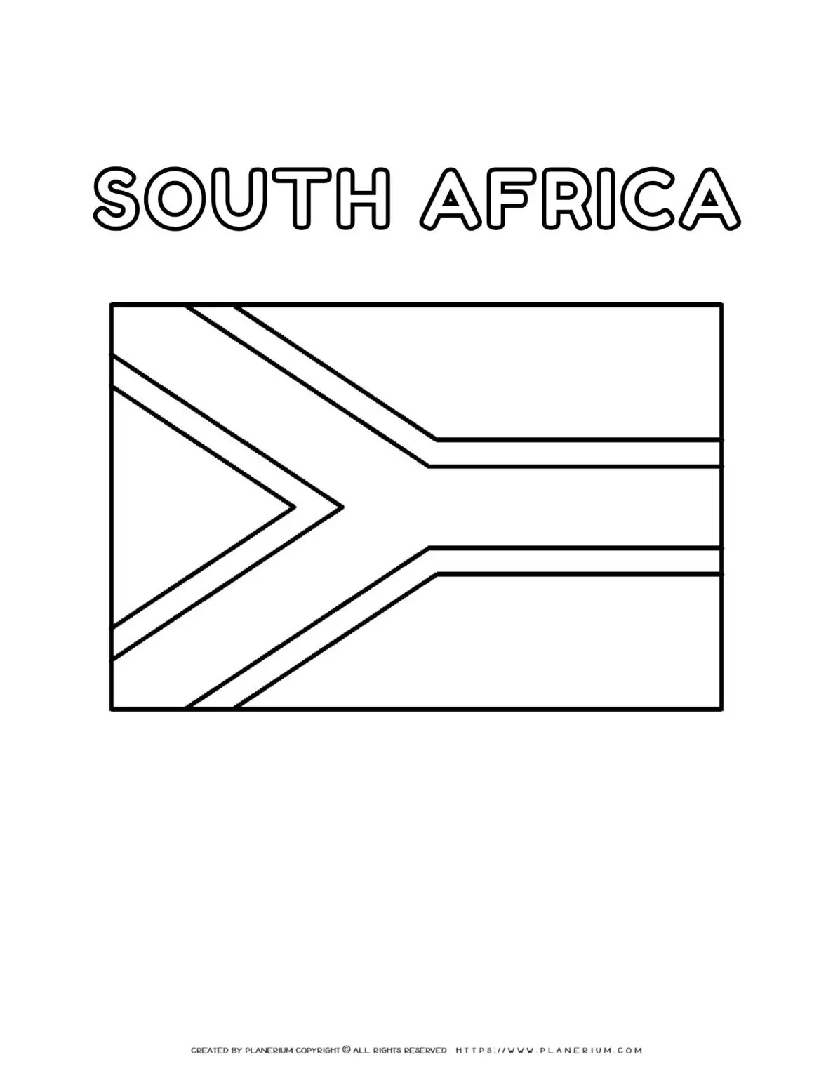 South Africa flag coloring page for kids to learn about national symbols and colors. Perfect for educational activities and patriotic celebrations.