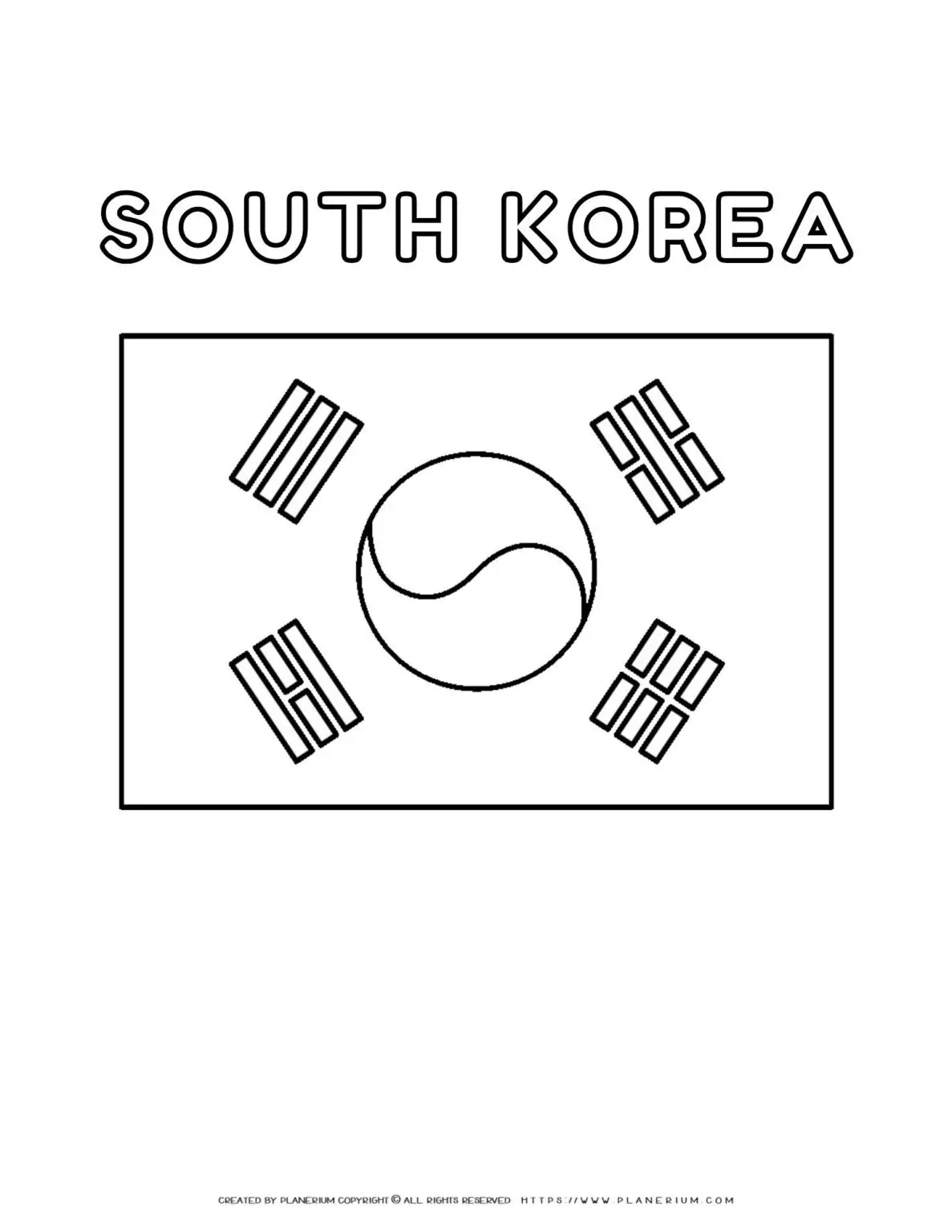 South Korea flag coloring page for kids to learn about national symbols and colors. Perfect for educational activities and cultural exploration.