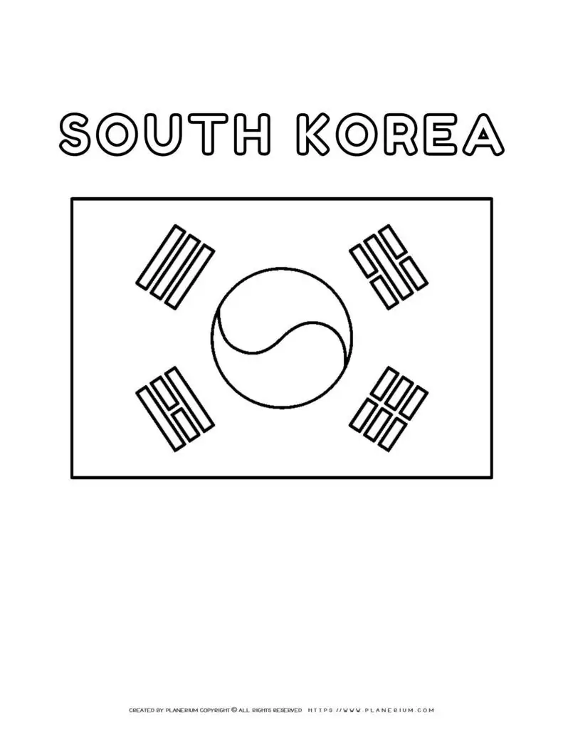 South Korea flag coloring page for kids to learn about
  national symbols and colors. Perfect for educational activities and cultural
  exploration.