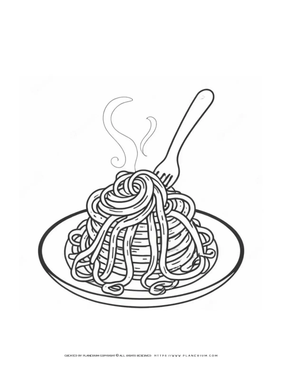 Steaming hot plate of spaghetti with fork.